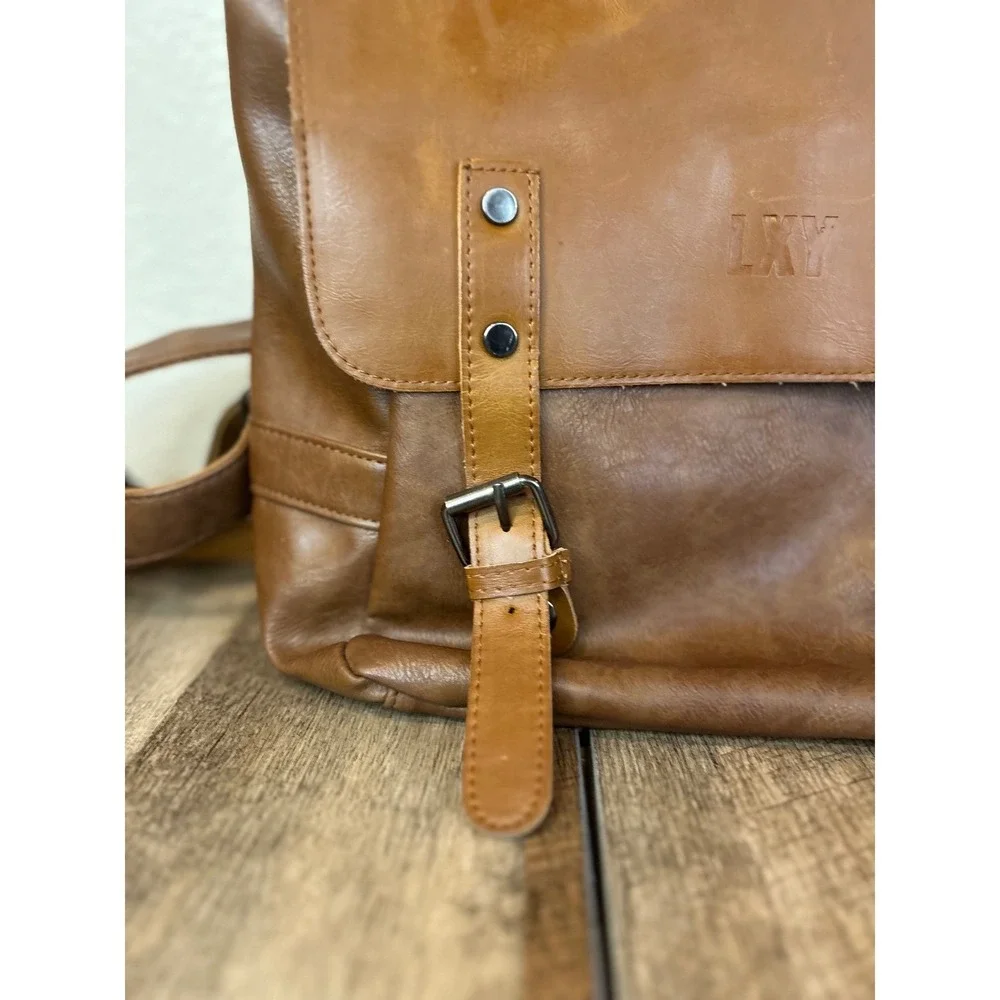 LXY Brown Faux Leather‎ Flap Buckle Backpack Casual Everyday Travel School